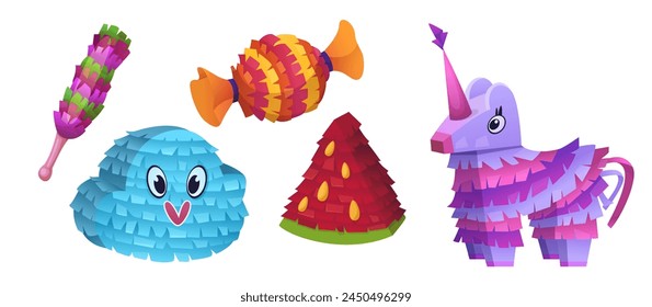 Colorful mexican pinatas set isolated on white background. Vector cartoon illustration of paper decoration in shape of cloud, candy, watermelon, unicorn, traditional birthday celebration accessory