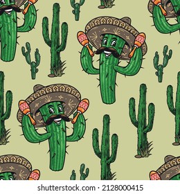 Colorful Mexican seamless pattern with funny mustached cactus with thorns shaking maracas, vector illustration