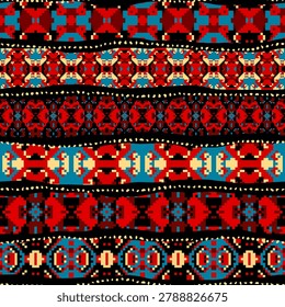 Colorful Mexican seamless pattern. Native American backdrop. Aztec ethnic geometric print. Vector illustration. Patchwork style in red color