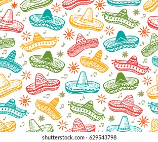 Colorful Mexican Seamless patterns. Mexico Vector background. Hand drawn doodle Mexican Sombrero, Sun, musical notes
