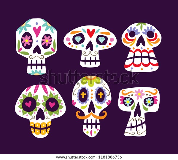 カラフルなメキシコの頭蓋骨コレクション 紫の背景にかわいいカートーンの砂糖の頭蓋骨 セット1 2 ベクターイラスト のベクター画像素材 ロイヤリティフリー