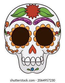 Colorful Mexican skull in frontal view, decorated with traditional pattern and flower for Day of the Dead.