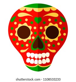 Colorful Mexican skull mask. Day of The Dead skull, cartoon style. Sugar skull with floral element. Vector flat illustration isolated on white background.