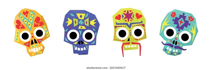 Colorful Mexican Skull with Ornament and Pattern Vector Set