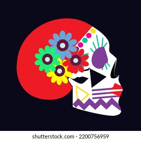 Colorful Mexican skull side view with flowers. Day of the dead background vector illustration. 