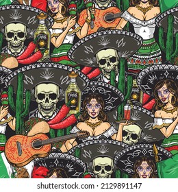 Colorful Mexican stickers seamless pattern with skeleton in sombrero, tequila bottle, chili peppers, street taco, waitress with painted face holding cocktail, acoustic guitar, vector illustration