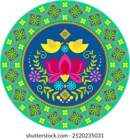 Colorful mexican style mandala with birds and flowers elements. Use for print, wall art, digital design,calendars, postcard, greeting, cover for diaries, notebook. Hispanic heritage month theme