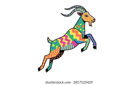 Colorful Mexican style patterned goat jumping in midair with vibrant geometric designs on white background.