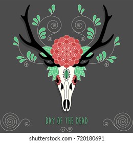 Colorful Mexican sugar deer skull. Day of the dead vector illustration.