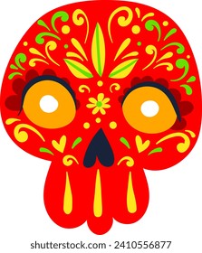 Colorful Mexican sugar skull design with floral motifs. Day of the Dead celebration symbol. Vibrant Dia de los Muertos tradition vector illustration.