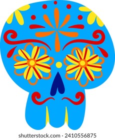 Colorful Mexican sugar skull with floral patterns. Vibrant blue Calavera design celebrating Dia de los Muertos vector illustration.