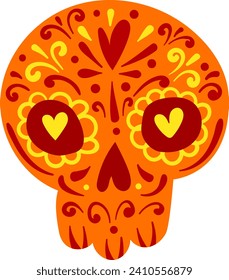 Colorful Mexican sugar skull with floral patterns for Dia de los Muertos. Festive Day of the Dead celebration vector illustration.