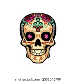 Colorful Mexican Sugar Skull Icon with Traditional Folk Art Ornaments Celebrating Day of the Dead