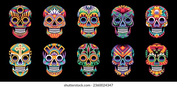 Colorful Mexican Sugar Skulls Calaveras Set