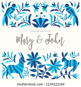 Colorful Mexican Textile Embroidery Style Wedding Card – Copy Space Floral Composition with Forest Animals