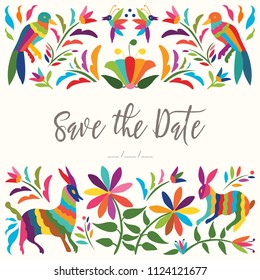 Colorful Mexican Textile Embroidery Style Wedding Card – Copy Space Floral Composition with Forest Animals