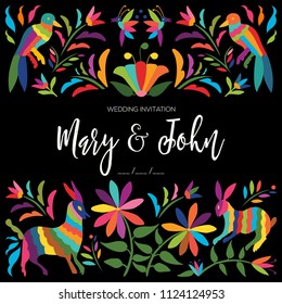 Colorful Mexican Textile Embroidery Style Wedding Invitation – Copy Space Floral Composition with Forest Animals