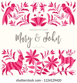 Colorful Mexican Textile Embroidery Style Wedding Card – Copy Space Floral Composition with Forest Animals