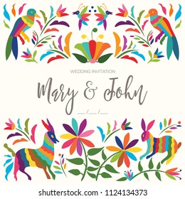 Colorful Mexican Textile Embroidery Style Wedding Invitation – Copy Space Floral Composition with Forest Animals