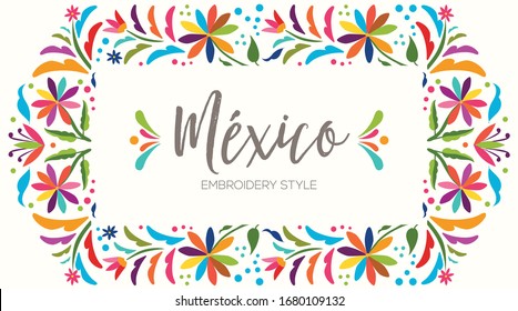 Colorful Mexican Textile Embroidery Style from Tenango, Hidalgo; México – Copy Space Floral Composition