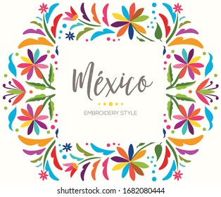 Colorful Mexican Textile Embroidery Style from Tenango, Hidalgo; México – Copy Space Floral Composition