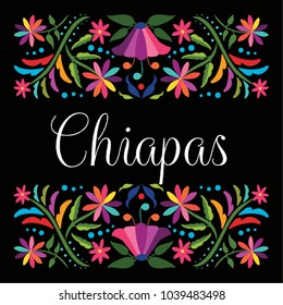 Colorful Mexican Traditional Textile Embroidery Style Floral Composition – Chiapas State; México