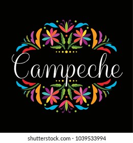 Colorful Mexican Traditional Textile Embroidery Style Floral Composition – Campeche State; México