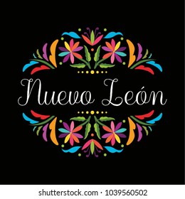 Colorful Mexican Traditional Textile Embroidery Style Floral Composition – Nuevo León State; México