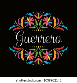 Colorful Mexican Traditional Textile Embroidery Style Floral Composition – Guerrero State; México