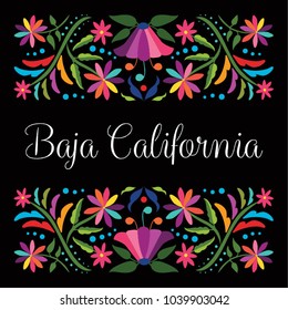 Colorful Mexican Traditional Textile Embroidery Style Floral Composition – Baja California State; México