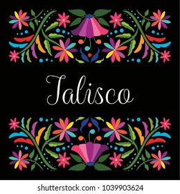 Colorful Mexican Traditional Textile Embroidery Style Floral Composition – Jalisco State; México