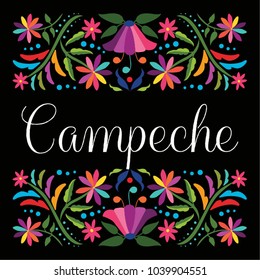 Colorful Mexican Traditional Textile Embroidery Style Floral Composition – Campeche State; México