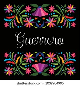 Colorful Mexican Traditional Textile Embroidery Style Floral Composition – Guerrero State; México