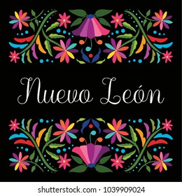 Colorful Mexican Traditional Textile Embroidery Style Floral Composition – Nuevo León State; México