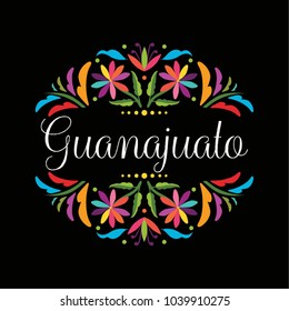 Colorful Mexican Traditional Textile Embroidery Style Floral Composition – Guanajuato State; México