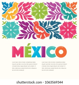 Colorful Mexican Traditional Textile Embroidery Style from Oaxaca, México – Copy Space Floral Composition with Birds