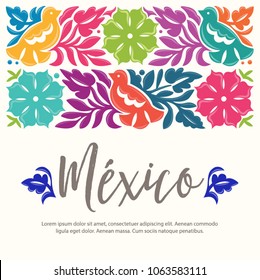 Colorful Mexican Traditional Textile Embroidery Style from Oaxaca, México – Copy Space Floral Composition with Birds
