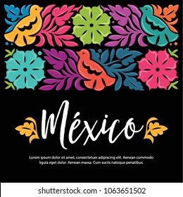 Colorful Mexican Traditional Textile Embroidery Style from Oaxaca; México – Copy Space Floral Composition with Birds