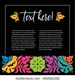 Colorful Mexican Traditional Textile Embroidery Style from Oaxaca; México – Copy Space Floral Composition with Birds