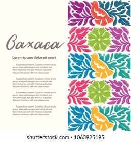 Colorful Mexican Traditional Textile Embroidery Style from Oaxaca; México – Copy Space Floral Composition with Birds
