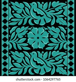 Colorful Mexican Traditional Textile Embroidery Style from Oaxaca; México – Copy Space Floral Composition with Birds
