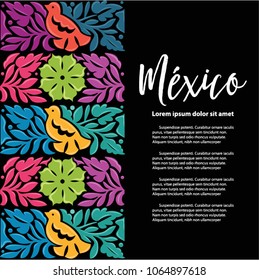 Colorful Mexican Traditional Textile Embroidery Style from Oaxaca; México – Copy Space Floral Composition with Birds