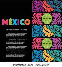 Colorful Mexican Traditional Textile Embroidery Style from Oaxaca; México – Copy Space Floral Composition with Birds
