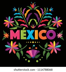 Colorful Mexican Traditional Textile Embroidery Style – Copy Space Floral Composition