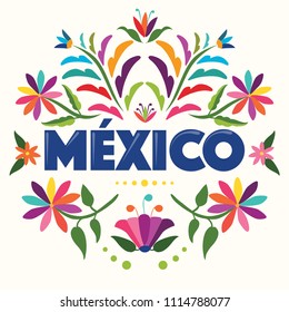 Colorful Mexican Traditional Textile Embroidery Style – Copy Space Floral Composition