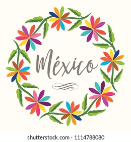 Colorful Mexican Traditional Textile Embroidery Style – Copy Space Floral Composition