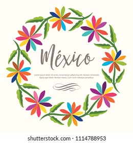 Colorful Mexican Traditional Textile Embroidery Style – Copy Space Floral Composition
