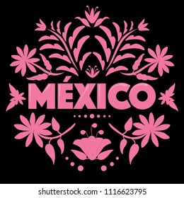 Colorful Mexican Traditional Textile Embroidery Style – Copy Space Floral Composition 