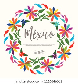 Colorful Mexican Traditional Textile Embroidery Style – Copy Space Floral Composition