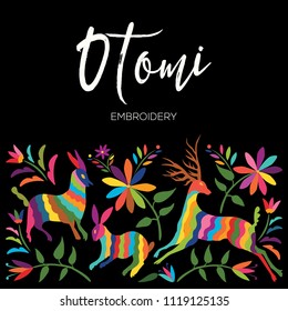 Colorful Mexican Traditional Textile Embroidery Style from Otomi Culture – Copy Space Floral Composition with Forest Animals